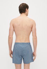Modro-beli karirasti kopalni kratki hlače z elastičnim pasom, gladkim materialom in sproščenim krojem, pogled od zadaj.