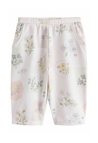 Heledalt roosad lühikesed püksid, millel on lillemustriga mustrid koos erinevate väikeste lillede, liblikate ja küülikutega; valmistatud pehmest, venivast kangast; kaks küljetaskut.