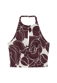 Top a halter bordeaux e bianco con motivi floreali, caratterizzato da un'apertura a forma di chiave sul fronte, fiocchi sul retro e un design cropped. Tessuto liscio con un motivo audace.