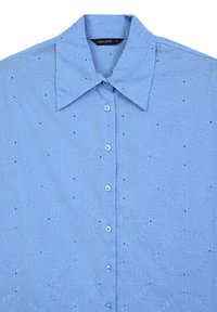 Camicia button-up azzurra con colletto ampio e motivi floreali ricamati su tutta la stoffa.