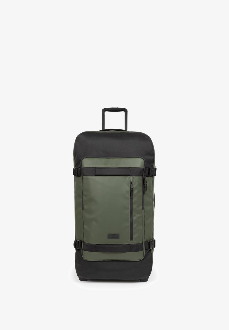 Bolsa de viaje enrollable en nylon verde olivo con acentos negros. Cuenta con un mango telescópico, un mango superior y un bolsillo con cremallera en la parte frontal.