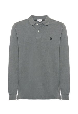 Polo a maniche lunghe in cotone grigio melange, con colletto classico, due bottoni e un logo ricamato nero sul petto.
