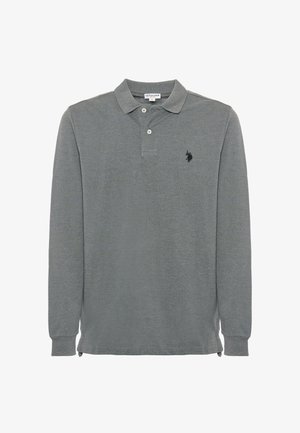 Polo a maniche lunghe in cotone grigio melange, con colletto classico, due bottoni e un logo ricamato nero sul petto.