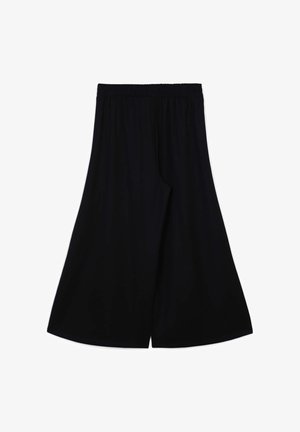 Pantalon noir à jambe large avec une taille élastique, doté d'un tissu fluide et d'une fente, offrant une coupe décontractée et une texture agréable.