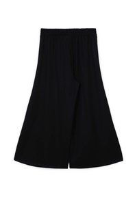 Schwarze Culottes mit elastischem Bund, aus weichem Stoff gefertigt. Weite Beine mit lockerer Passform, die Komfort und Bewegungsfreiheit bieten.