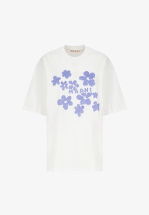 T-shirt bianco in cotone con design floreali viola dall'aspetto strutturato, lettering di marca in minuscolo e maniche corte.