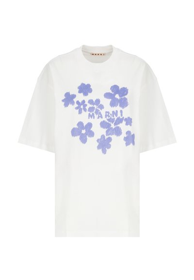 T-shirt bianco in cotone con design floreali viola dall'aspetto strutturato, lettering di marca in minuscolo e maniche corte.