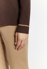 Brauner Wollpullover mit einem hellbraunen Akzentstreifen an den Bündchen, kombiniert mit beigen Hosen, die eine glatte Textur und einen figurschmeichelnden Schnitt aufweisen.