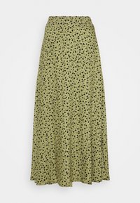 Gonna lunga verde con motivo floreale nero, caratterizzata da una vita aderente e una forma svasata a linea A. Tessuto morbido e leggero con una texture liscia.