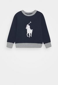 Navyblauwe longsleeve sweatshirt met grijze kraag, boorden en zoom, voorzien van een witte polo-speler logo op de borst.
