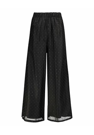 Zwarte wijde broek met elastische tailleband en kleine witte stippen, gemaakt van lichtgewicht, halfdoorzichtig stof.