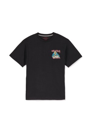 Zwarte katoenen t-shirt met een kleurrijke grafische afbeelding op de linkerborst van een wezen dat een boek leest, met de tekst "VOLCOM" er boven.
