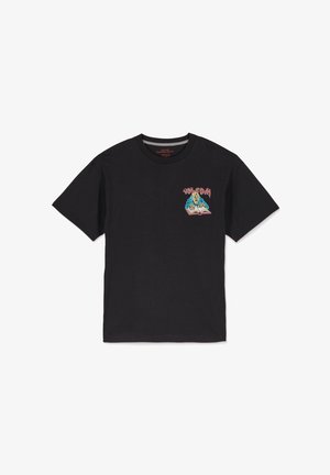 Black cotton t-shirt featuring a colorful graphic design on the left chest depicting a creature reading a book, with "VOLCOM" text above.