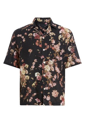Short-sleeve black shirt featuring a floral pattern in shades of pink, cream, and burgundy. Made of lightweight material with a button-up design.