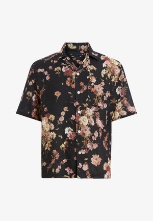 Chemise noire à manches courtes avec un motif floral dans des tons de rose, crème et bourgogne. Fabriquée en matériau léger avec un design à boutons.