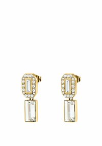 Boucles d'oreilles ton or ornées de deux cristaux rectangulaires clairs entourés d'un halo de petites pierres claires, avec des formes rectangulaires et octogonales.