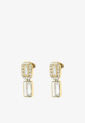 Orecchini in tono oro con due cristalli chiari rettangolari circondati da un'aureola di piccole pietre chiare, forme rettangolari e ottagonali.
