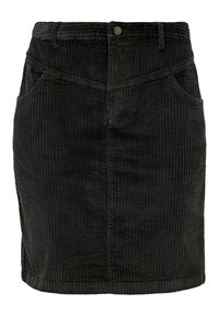 Dunkelgrüne Cordrock mit vertikaler Rippung, taillierter Passform,_frontseitigen Taschen und einem Knopfverschluss an der Taille.