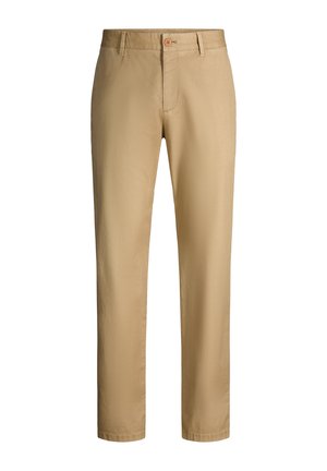 Beige straight-leg trousers with belt loops, front button closure, front pockets, and stitched seams.