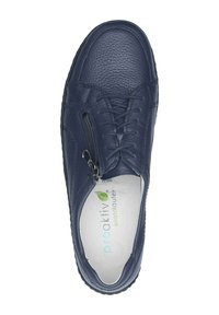Navy blue leather sneaker with a textured finish, featuring laces and an ankle zipper. Soft interior lining with branding visible on the insole.