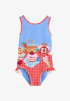 Bērna peldkostīms ar piknika dizainu, kurā attēlots grozs, kūka, ievārījuma burciņa, zemenes un sarkana ginghama galdauta raksts.