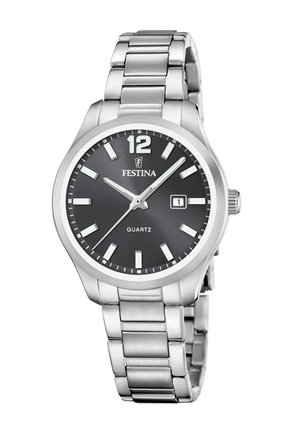 Moška srebrna kovinska ura Festina s črnim številčnico, svetlečimi kazalci, prikazom datuma na 3. uri in kvarčnim mehanizmom.