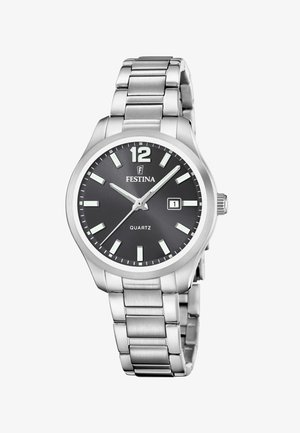 Reloj de hombre Festina de metal plateado con esfera negra, manecillas luminosas, indicador de fecha a las 3 en punto y movimiento de cuarzo.