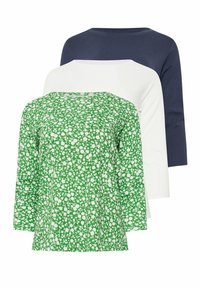 Drei Langarmoberteile: eines in Grün mit weißem Blumenmuster, eines in einfarbig Weiß und eines in einfarbig Marineblau. Alle haben einen Rundhalsausschnitt und einen lässigen Schnitt.