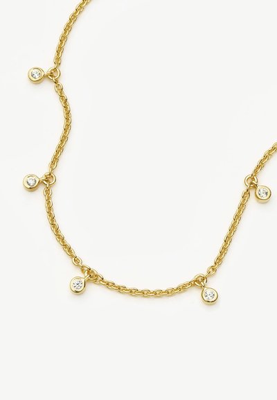 Zlatý náhrdelník z reťaze s textúrovaným dizajnom článkov a piatimi malými okrúhlymi zaveseniami, z ktorých každé obsahuje priehľadný drahokam.