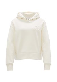 Ivoor pullover hoodie van zachte stof, met een logo aan de voorkant, een capuchon met trekkoord en ribbels aan de mouwen en onderkant voor een comfortabele pasvorm.