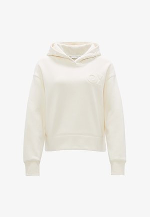 Elfenbeinfarbener Pullover-Hoodie aus weichem Stoff, mit einem Frontlogo, einer verstellbaren Kapuze und gerippten Bündchen sowie Saum für einen bequemen Sitz.