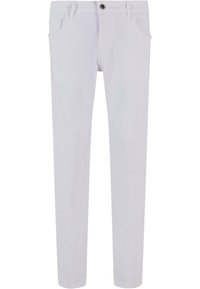 Pantalones de mezclilla de algodón blanco con un diseño de pierna recta, estilo de cinco bolsillos y cierre frontal de botón. Textura suave con detalles mínimos.