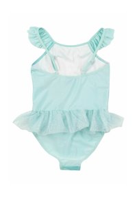 Costume da bagno di colore azzurro chiaro con spalline arricciate, una gonna in tulle svasata con dettagli luccicanti e un corpetto liscio e aderente.