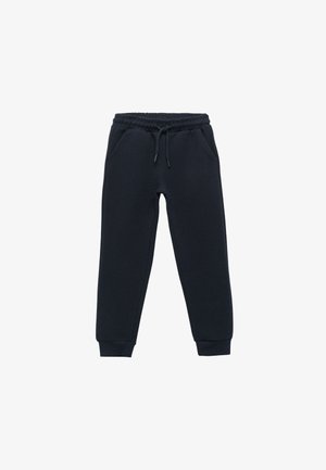 Marineblauwe joggingbroek van ribstof, met een elastische tailleband met trekkoord, zijzakken en een taps toelopende pijpen.