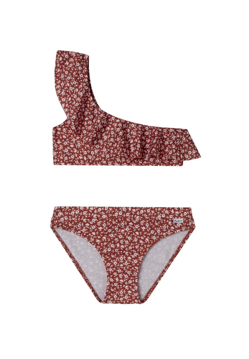 Bikini set s jednim ramenom s volanima u boji hrđe s bijelim cvjetnim uzorkom; odgovarajući bikini donji dio s sličnim dizajnerskim elementima.