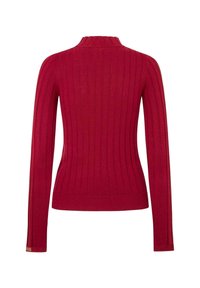 Roter Rippenstrickpullover mit langen Ärmeln, hohem Kragen und figurbetonter Silhouette. Aus strukturierter Stoff mit durchgehender vertikaler Rippung.