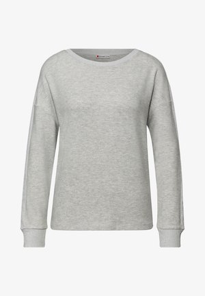 Lysegrå sweatshirt med bred rund hals, lange ærmer og teksturerede sølvdetaljer ved manchetterne. Fremstillet af blødt stof med en glat overflade.