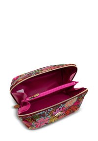 Gevoerd cosmetica tasje met een bloemenpatroon in levendige kleuren. De binnenvoering heeft een felroze voering en een extra roze ritsvak.