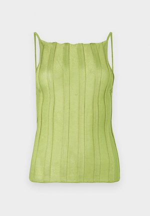 Green ribbed tank top with spaghetti straps and a wavy neckline, made from a smooth, stretchy fabric. No patterns or embellishments.