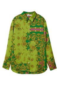 Langere knoop blouse met groene basis, gouden sierlijke bloempatronen en paarse ornamentale strepen.