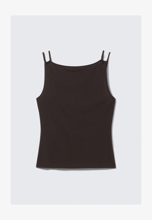Top nero a canottiera con sottili spalline regolabili a spaghetti. Realizzato in tessuto liscio con un leggero effetto elasticizzato. Presenta una scollatura a girocollo e nessun motivo visibile.