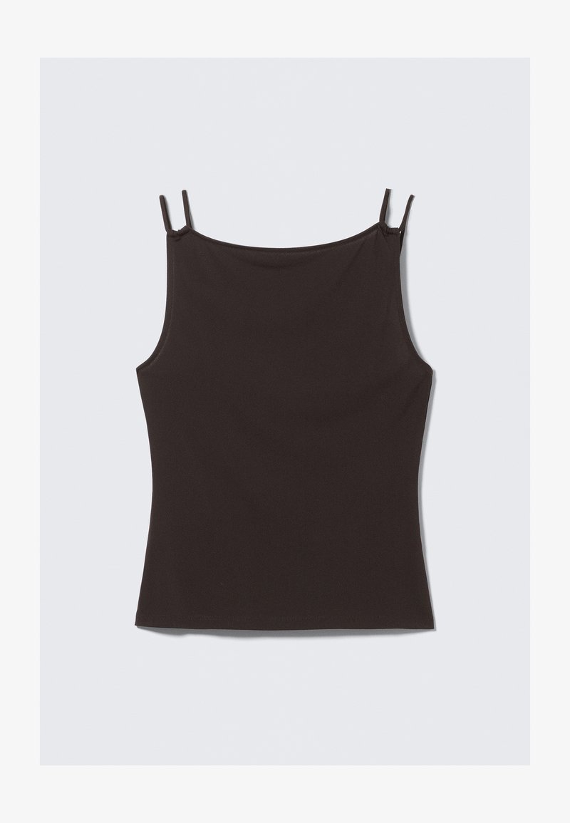 Crni kamizol s tankim, podesivim naramenicama. Izrađen od glatkog tkanja sa blagim rastezanjem. Ima okrugli izrez i nema vidljive uzorke.