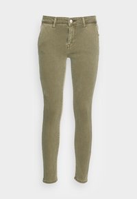 Olivgrön bomullsmix skinny jeans med dragkedja, fem fickor och subtila blekning. Har en avsmalnande ben och standard midja.