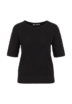 Juodas trumparankovis megztinis su tekstūruotu trikampiu raštu, apvaliu kaklu ir ribotu apdaila apačioje bei rankovėse. Megzta medžiaga su subtilia blizgesio faktūra.