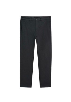 Pantaloni neri dal taglio sartoriale, realizzati in un tessuto liscio. Presentano tasche frontali, passanti per cintura e chiusura con bottone. Design frontale liscio.