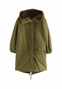 Parka longue vert olive avec poignets élastiques, poches à rabat à l'avant, taille ajustable avec cordon de serrage et capuche doublée en fausse fourrure à imprimé léopard.