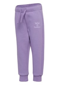 Pantalons de survêtement violets en coton, dotés d'une taille élastique avec cordon de serrage, de jambes fuselées et d'un logo imprimé sur le devant.