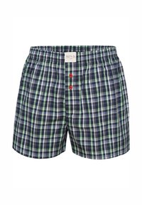 Heren boxershorts van katoen met een geruit patroon in marineblauw, groen en wit, voorzien van een elastische tailleband en rode knopen bij de gulp.