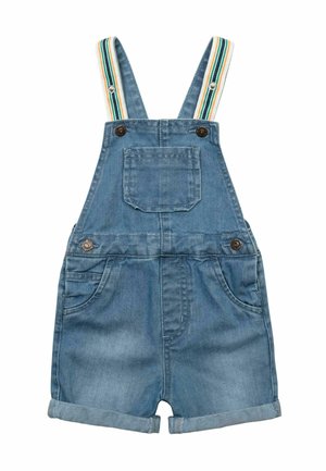 Denimshorts med opsmøgede ben, brystlomme foran, to sidelommer, knaplukning og justerbare skulderstropper med striber.