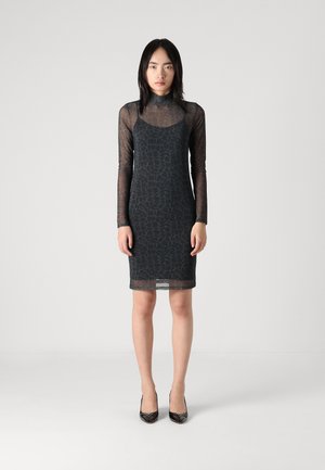 Black mesh dress with long sleeves, featuring a sheer overlay and subtle textured pattern. Pulled in at the waist, knee-length design.